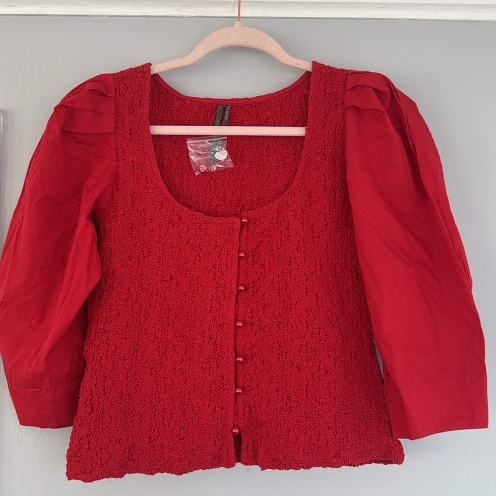 By Anthropologie Smocked Cardigan Top button blouse red M - Picture 1 of 8